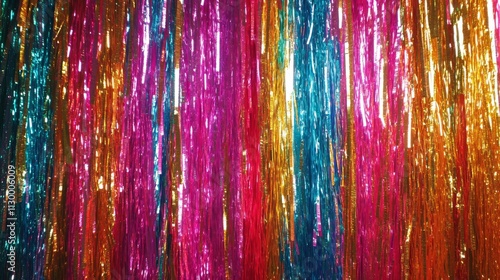 107.Glittering foil fringe curtain in bold colors, arranged in a layered 3D effect, each fringe strand catching light and casting playful reflections, ideal for high-energy product backgrounds.