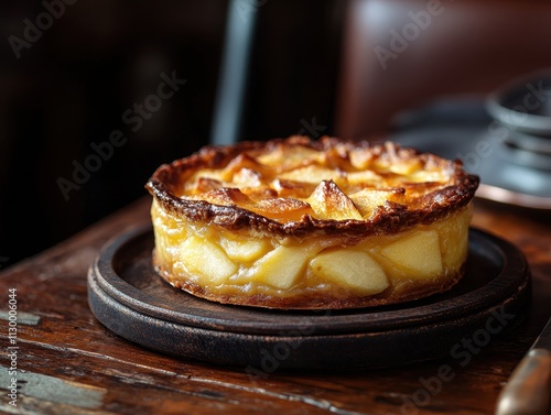 A beautifully baked apple tart with a golden crust on a wooden table.