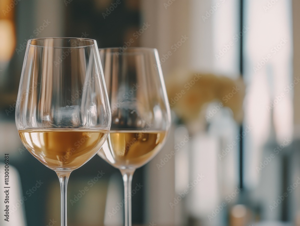 Obraz premium Elegant Wine Glasses, Golden Liquid, Festive Ambiance, Blurred Background, Refined Setting, Stylish 