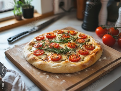 A freshly baked pizza topped with tomatoes and herbs on a wooden board in a cozy kitchen.