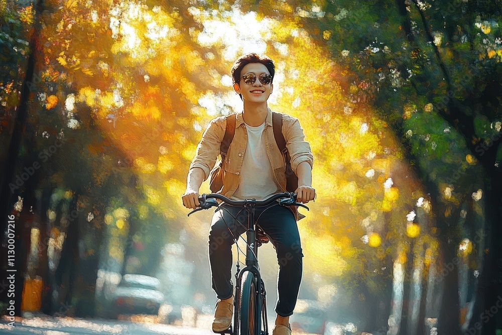 Young Man Cycling in Vibrant Green Park During Golden Hour Young Man Cycling in Vibrant Green Park During Golden Hour
