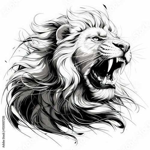 Bold black line art illustration of a fierce lion roaring with its flowing mane, in a vintage engraving tattoo style on a clean white background.. photo