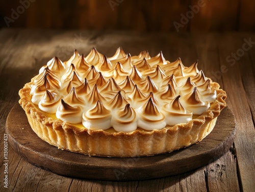 A beautifully baked meringue pie with golden peaks on a rustic wooden surface.