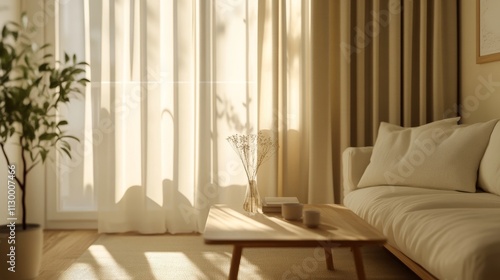 67.Concept 2: Minimalist interior design of a modern living room with a white sofa, wooden coffee table, and soft curtains in Scandinavian style with a light beige color scheme photo