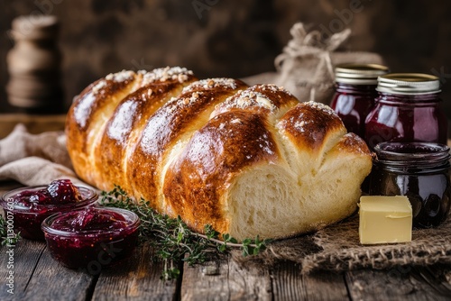 A freshly baked loaf of bread accompanied by jam and butter on a rustic wooden table.