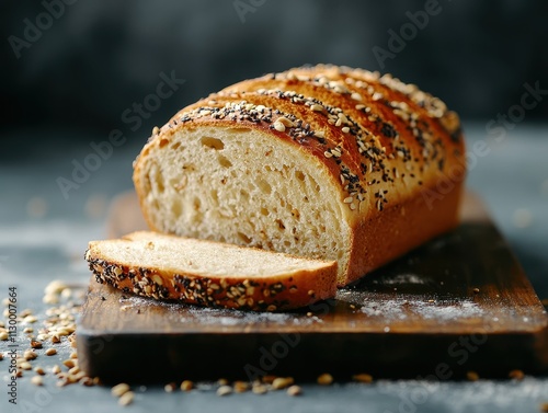 A freshly baked loaf of bread with sesame seeds, sliced on a wooden board.
