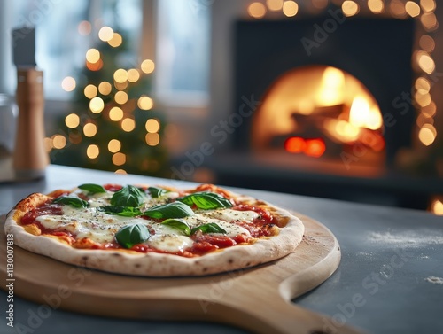 A freshly baked pizza topped with basil sits on a wooden board near a cozy fireplace.