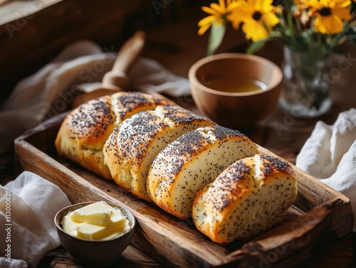 Freshly baked bread with poppy seeds, butter, and flowers on a rustic wooden table.