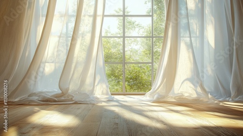 56.Sunlit room with sheer curtains gently flowing by an open window, natural light streaming in and filling the room with warmth, the fabric softly catching the breeze in a tranquil, inviting setting.