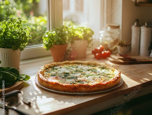 A freshly baked pizza sits on a kitchen counter, surrounded by herbs and tomatoes.