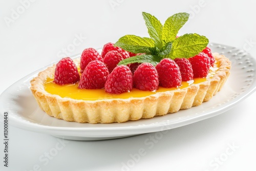 A delicious raspberry tart with a lemon filling and mint garnish on a white plate.
