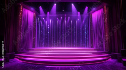 82.Entertainment stage with a sleek, purple-lit outline, subtly glowing set pieces, and a deep purple curtain as the backdrop, crafting an atmosphere of mystery and allure. photo