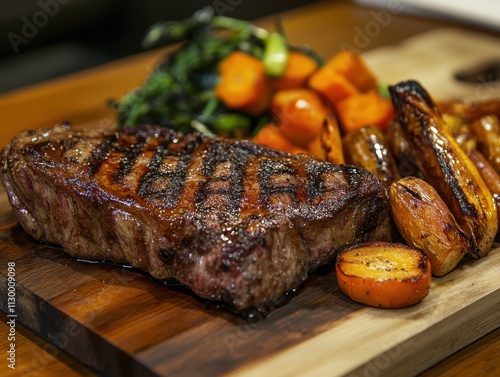 A beautifully grilled steak served with colorful roasted vegetables on a wooden board.