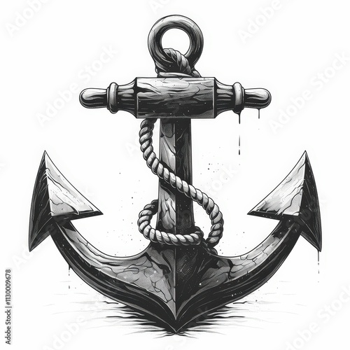 Bold black ink illustration of a traditional anchor with a rope wrapped around it, in a clean and minimalistic engraving tattoo style on a white background.  . photo