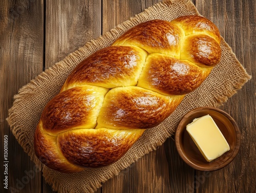 A freshly baked braided bread loaf with a pat of butter on a rustic wooden surface.