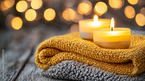 A candlelit meditation setup symbolizing inner peace and goal visualization Stock Photo with side copy space photo