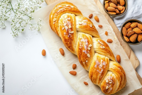 A braided pastry topped with almonds, surrounded by nuts and flowers, on a wooden board.