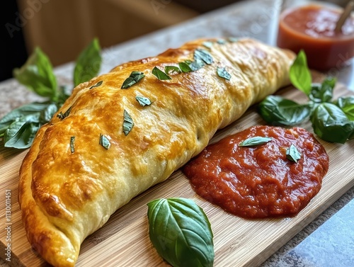 A delicious calzone served with marinara sauce and fresh basil on a wooden board.