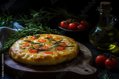 A delicious frittata garnished with tomatoes and herbs, set on a wooden board.