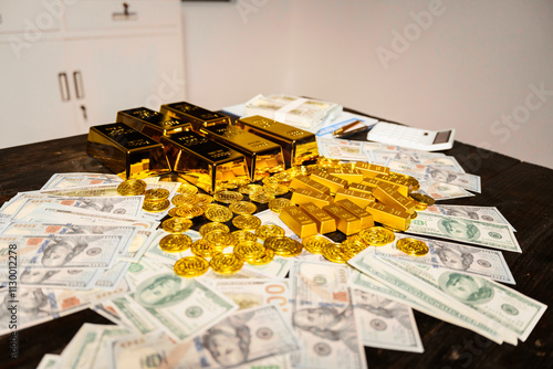 Gold bars and stacks of cash sit on a table at night, symbolizing wealth, investment, and financial success. They represent rich investment plans in gold trading, mining, and the stock market photo