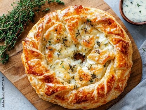 A golden, flaky pastry filled with cheese and herbs, served on a wooden board.