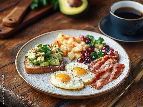A delicious breakfast plate featuring eggs, bacon, avocado toast, and fruit salad.