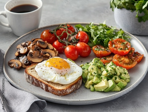 A healthy breakfast plate featuring eggs, vegetables, and toast, accompanied by coffee.