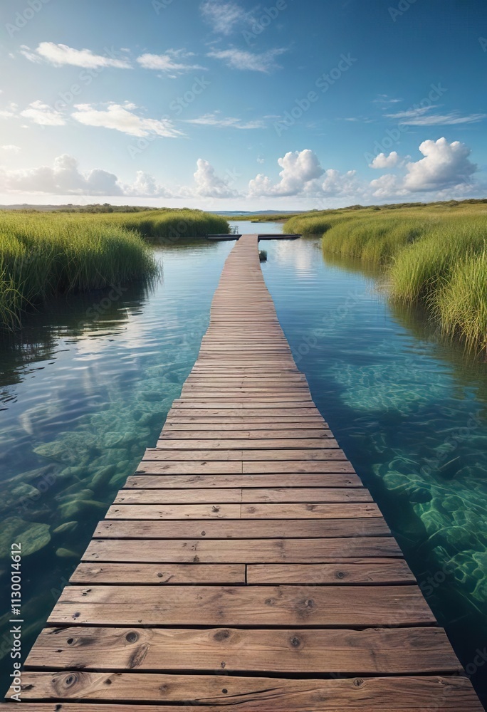Obraz premium Idyllic wooden pathway over tranquil waters with vibrant blue sky, walkway, forest