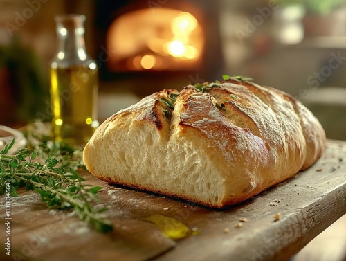 A freshly baked loaf of bread on a wooden table, with olive oil and herbs in the background.