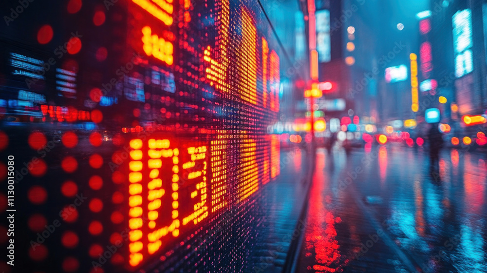 Fototapeta premium A live feed of stock market tickers displayed across a vibrant trading floor