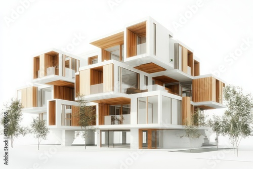 A multi-level urban apartment complex featuring cantilevered sections and wooden accents, placed on a clean white background to showcase its unique design. photo