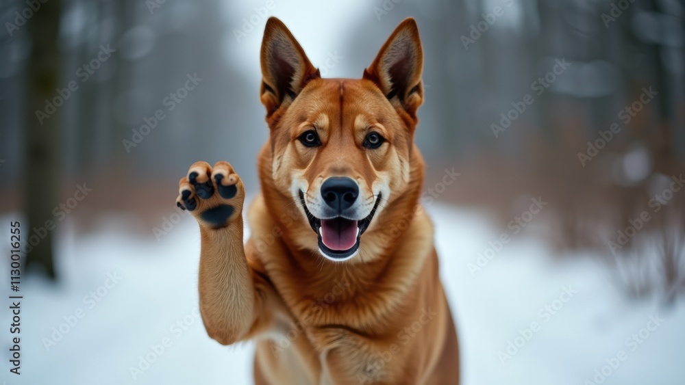 Happy Dog Joyfully Waving a Paw in a Snowy Forest Setting During Winter in the Afternoon Light Happy Dog Joyfully Waving a Paw in a Snowy Forest Setting During Winter in the Afternoon Light