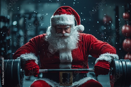 A humorous and festive scene of Santa Claus working out in a gym, lifting weights and staying fit as he prepares for the busy Christmas season.  . photo