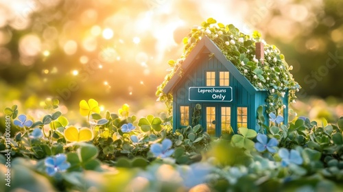 Wallpaper Mural Enchanting miniature house in clover field with sunlit glow. Happy St. Patrick's day Torontodigital.ca