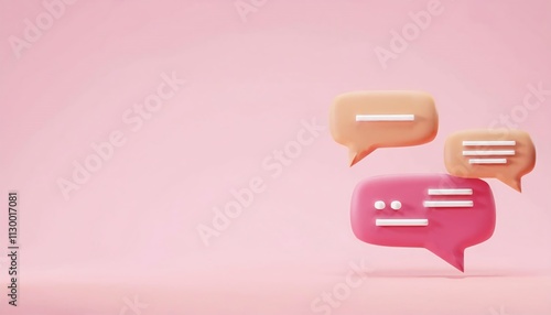 Colorful speech bubbles on a soft pink background, symbolizing communication and conversation.