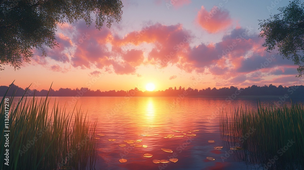 Obraz premium Serene sunset over calm lake, reflected colors, tranquil scene.