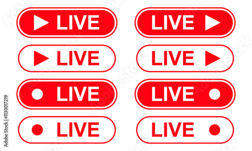 Live Streaming icons Set. Rounded Rectangle Red symbols and buttons of live stream, broadcasting online stream. Lower third template for tv, shows, movies and live performances. Vector design element