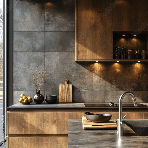 Minimalist Dark Kitchen Interior with Wooden Cabinets and Modern Sink photo