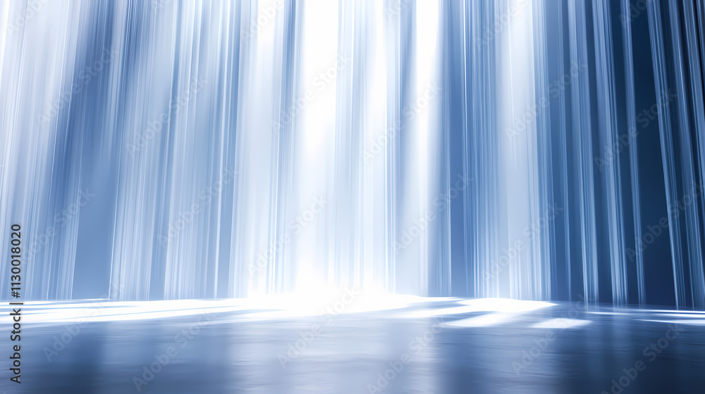 Fototapeta premium Stage with a cascade of light beams, vertical and diagonal, white and blue tones, sharp contrasts. cascade. illustration. Cascade. Illustration