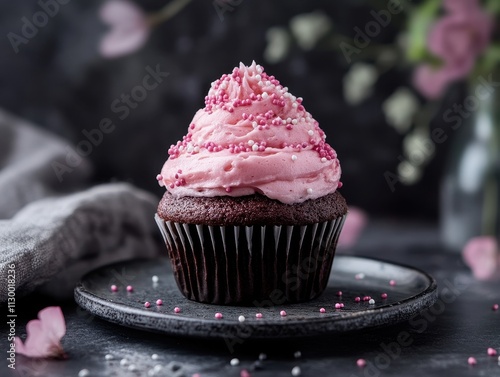 A delicious chocolate cupcake topped with pink frosting and sprinkles on a dark plate.