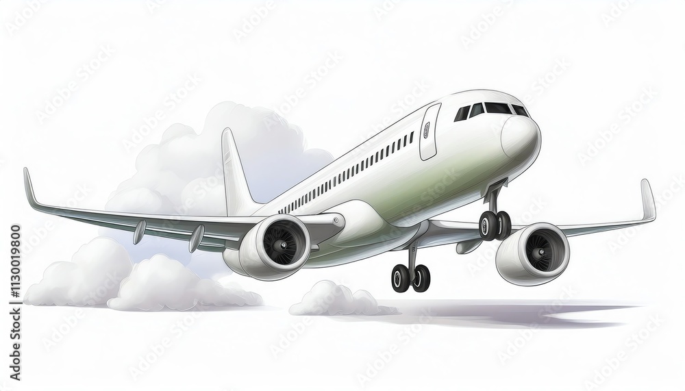 Obraz premium A sleek, white airplane takes off amid fluffy clouds, symbolizing flight and travel.