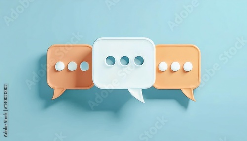 Colorful speech bubbles with three dots symbolize communication and conversation on a soft blue background.
