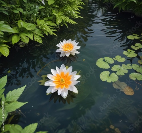 Orange and white flower floating in pond surrounded by green foliage, droplets, pondscape photo