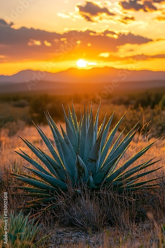 Majestic Agave Plant Silhouetted Against a Vibrant Sunset Over Rolling Hills.