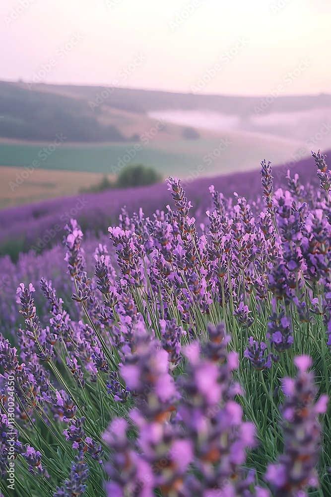 Obraz premium Serene Lavender Field at Sunrise A Stunning Display of Purple Blossoms Against a Misty Landscape.