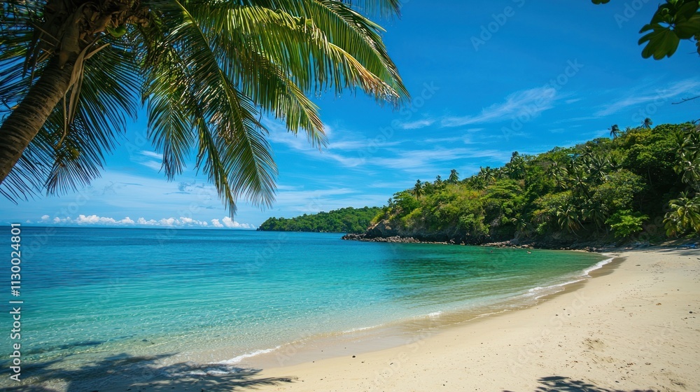 Fototapeta premium A tropical beach with palm trees, a clear blue ocean, and a sandy shore, perfect for a summer vacation theme