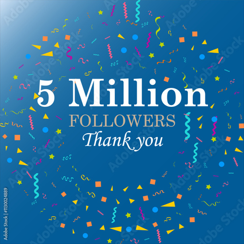 five million followers of social media. Thank you 5 million followers, Vector Greeting artwork sky blue gradient background.