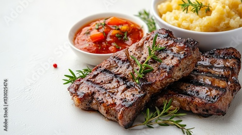 Grilled nyama choma meat with ugali on a white background, space for text on the left. photo