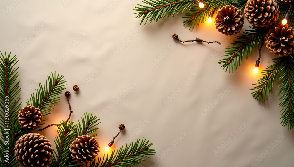Naklejka premium Rustic Pinecones and Branches on Linen Background