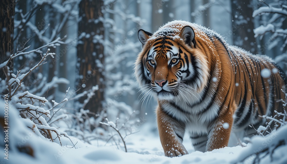 Fototapeta premium Photo A large Siberian tiger is in the winter forest, snowfall can be seen falling on its thick fur